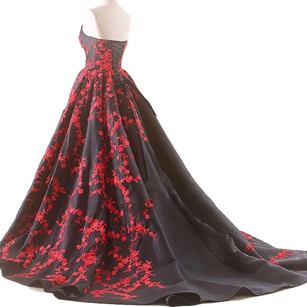 Kivary Gothic Black Satin Lace V Neck A Line Long Prom Corset Wedding Dresses