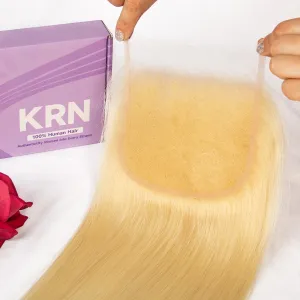 KRN 613 Closure Straight,0.10mm Ultra-thin Invisible Skinlike 5x5 HD Lace Closure Human Hair Extensions 12A Brazilian Virgin Free Part Blonde Closure Pre Plucked With Baby Hair 16Inch