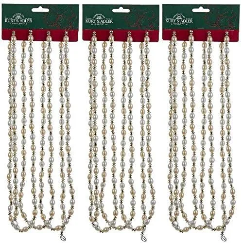 Kurt Adler (3 Gold & Ivory Christmas Beaded Garland Sets, 9 Feet Lengths