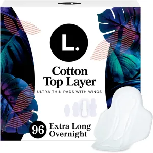 L. Ultra Thin Pads for Women, Overnight Absorbency, Organic Cotton Top Layer, Unscented Pads with Wings, 96 CT