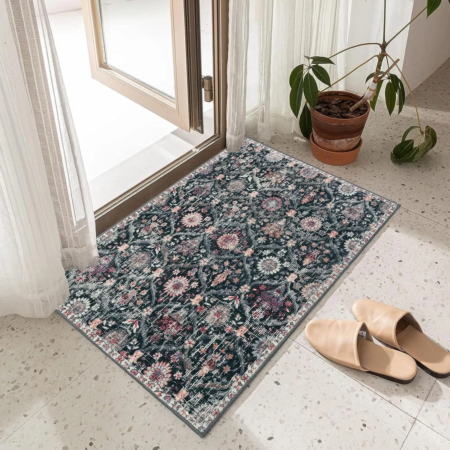 Lahome Moroccan Trellis Washable Rug, 2x3 Entryway Rugs for Kitchen Bathroom, Non-Slip Indoor Door Mat Ultra-Thin, Small Oriental Throw Carpet for Bedroom Entry, Black/Multi