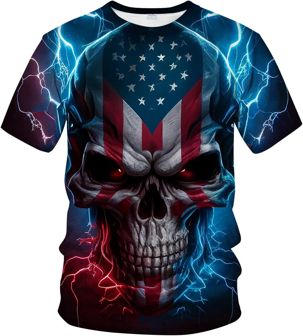 LAOLIUSN Men's Lightning Skull T-Shirt Patriotic Theme Tee American Flag Graphic Top