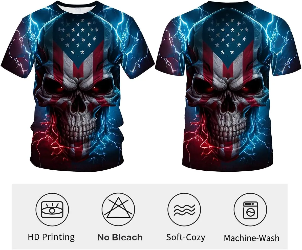 LAOLIUSN Men's Lightning Skull T-Shirt Patriotic Theme Tee American Flag Graphic Top