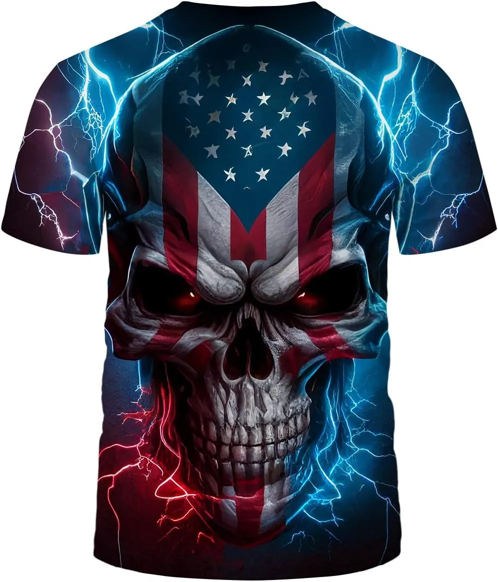 LAOLIUSN Men's Lightning Skull T-Shirt Patriotic Theme Tee American Flag Graphic Top