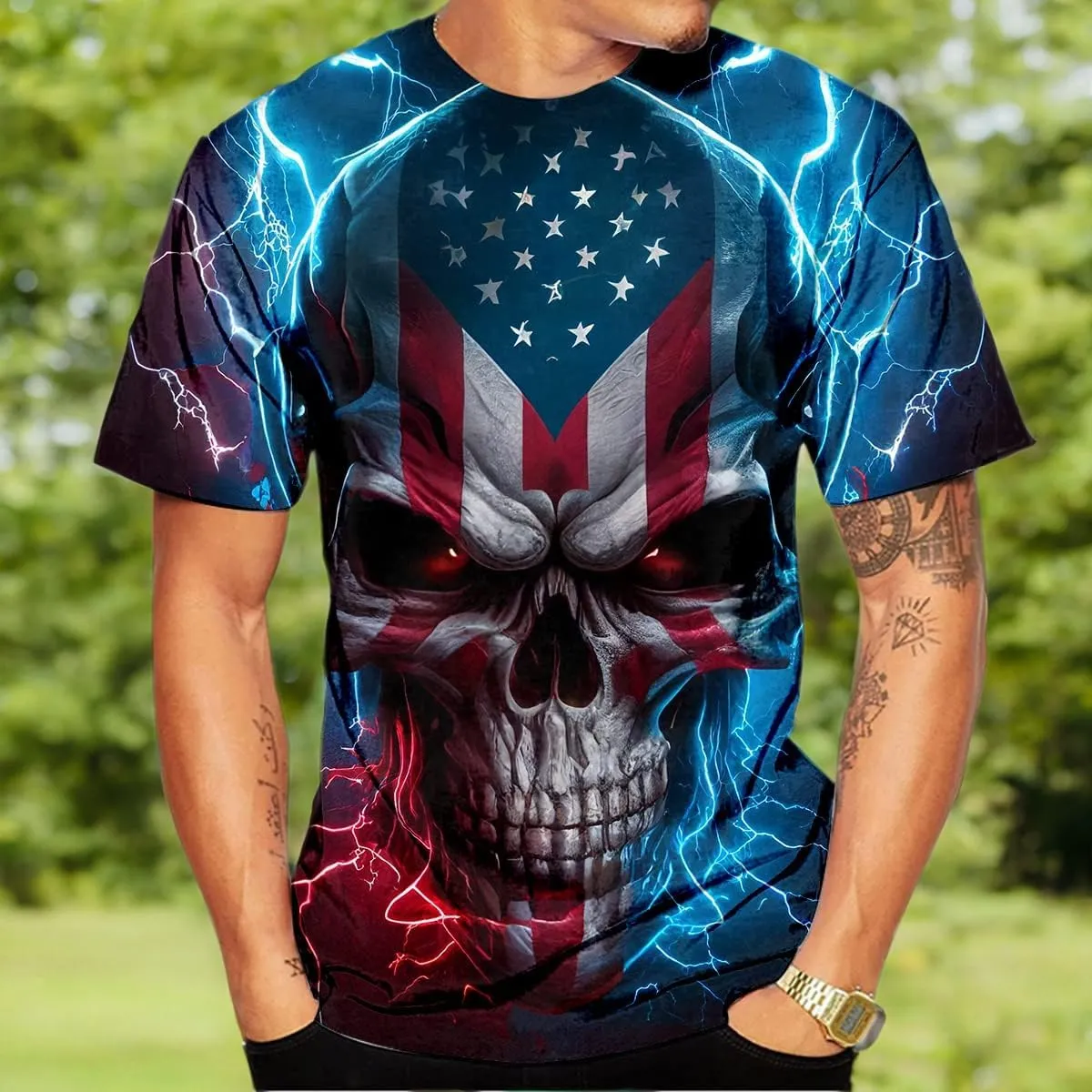LAOLIUSN Men's Lightning Skull T-Shirt Patriotic Theme Tee American Flag Graphic Top