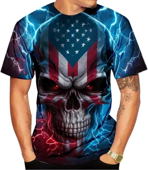 LAOLIUSN Men's Lightning Skull T-Shirt Patriotic Theme Tee American Flag Graphic Top