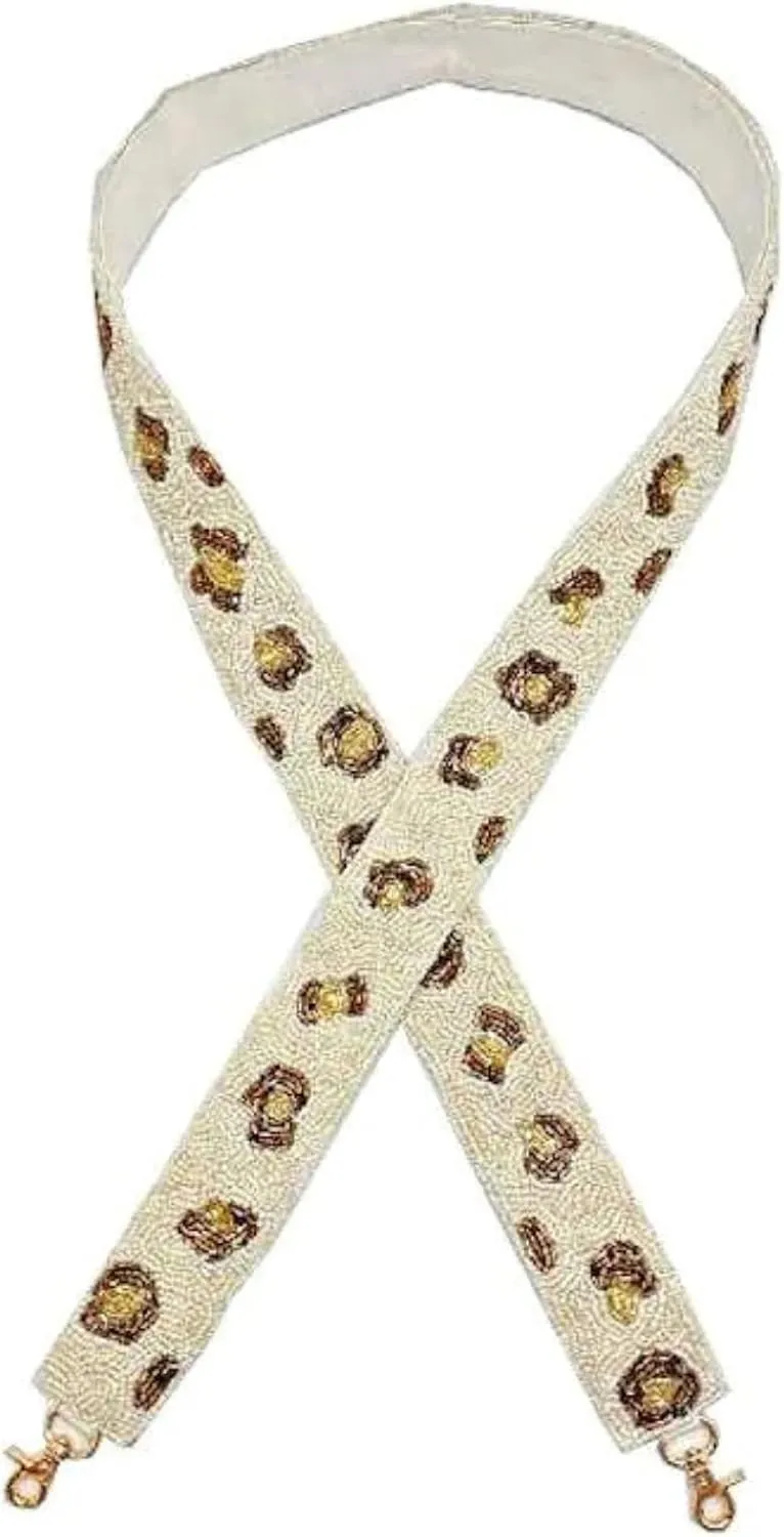 Lashicorn Beaded Purse Strap Leopard for Handbags Game Day Gold Hardware for Clear Bag Purse Cheetah Print White and Brown 49” inches long