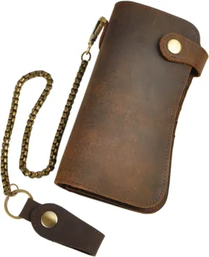 Le'aokuu Mens Genuine Leather Bifold Wallet Organizer Checkbook Iron Chain