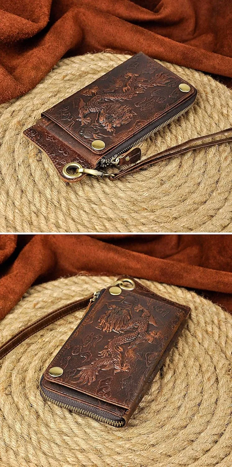 Le'aokuu Mens Genuine Leather Bifold Wallet Organizer Checkbook Iron Chain