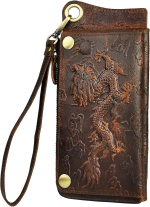 Le'aokuu Mens Genuine Leather Bifold Wallet Organizer Checkbook Iron Chain
