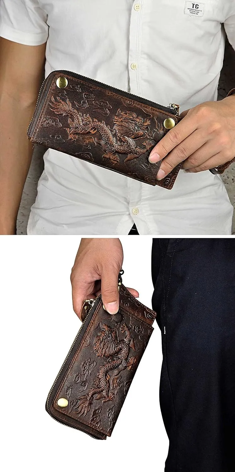 Le'aokuu Mens Genuine Leather Bifold Wallet Organizer Checkbook Iron Chain