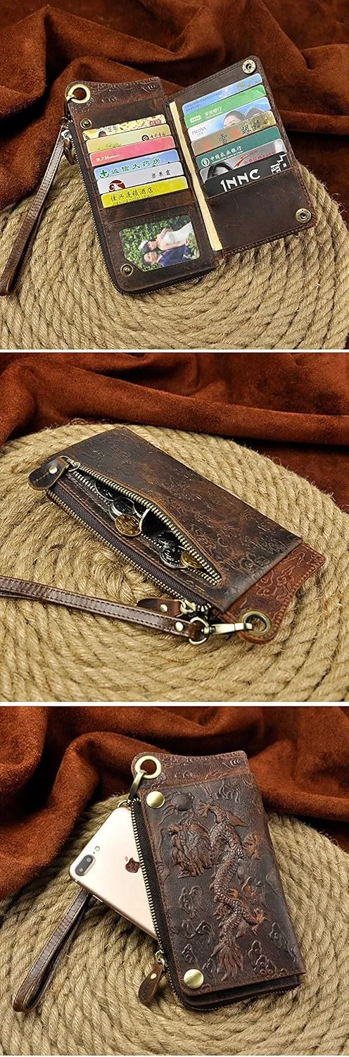 Le'aokuu Mens Genuine Leather Bifold Wallet Organizer Checkbook Iron Chain