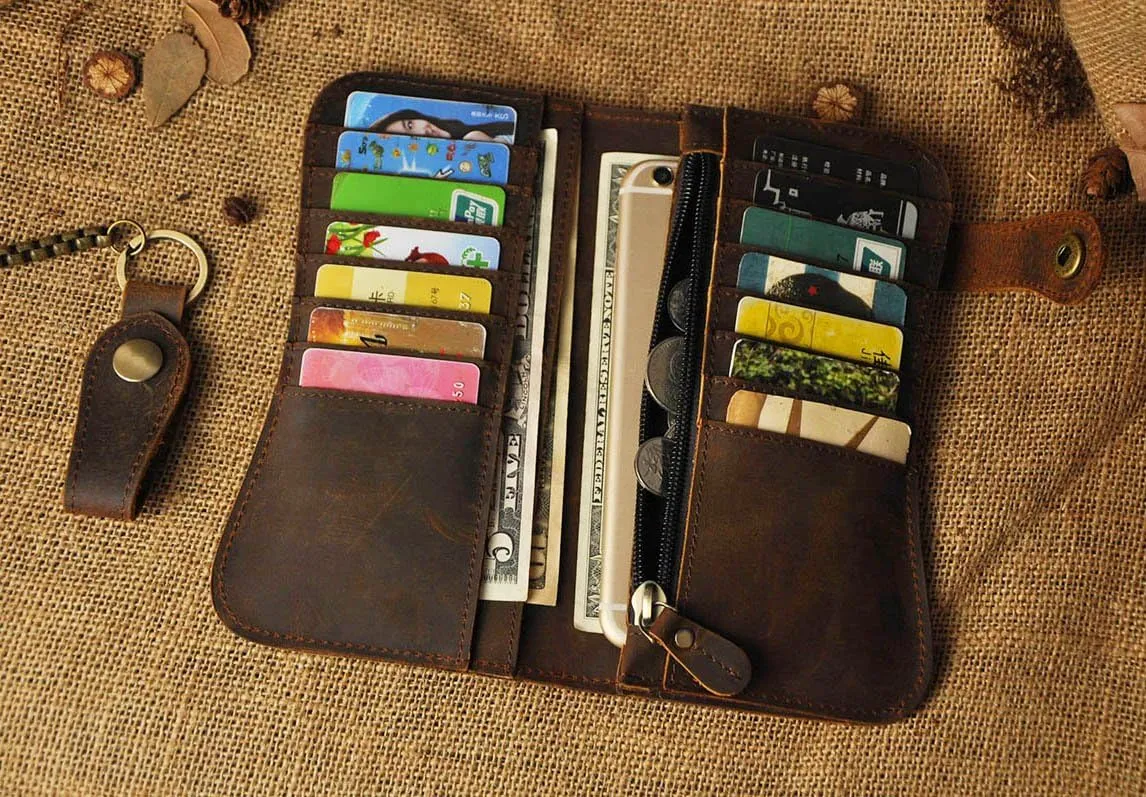 Le'aokuu Mens Genuine Leather Bifold Wallet Organizer Checkbook Iron Chain