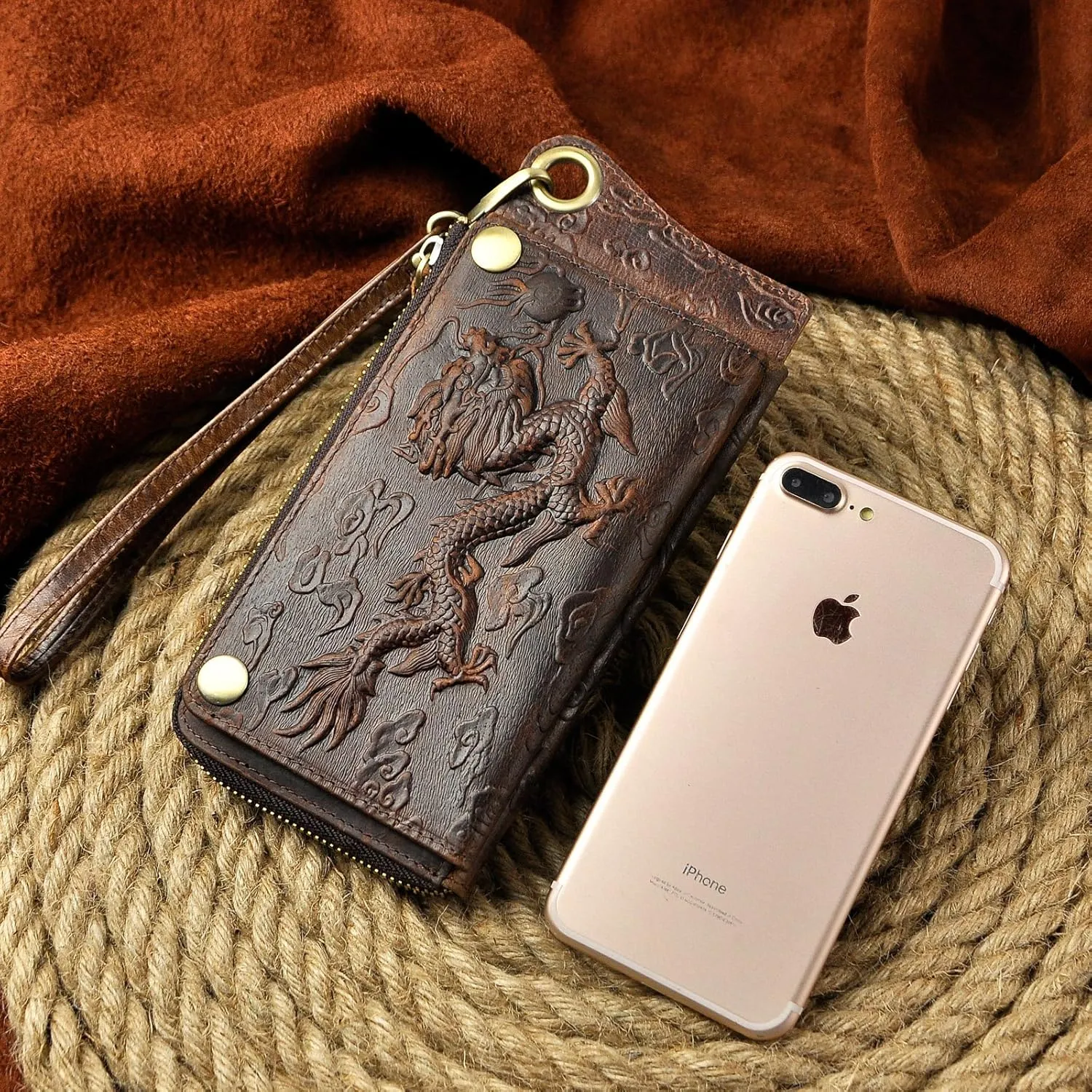 Le'aokuu Mens Genuine Leather Bifold Wallet Organizer Checkbook Iron Chain