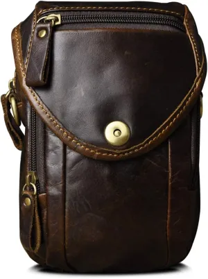 Le'aokuu Mens Original Leather Designer Casual Small Messenger Shoulder Bag Fashion Waist Belt Bag Pack Cigarette Phone Case