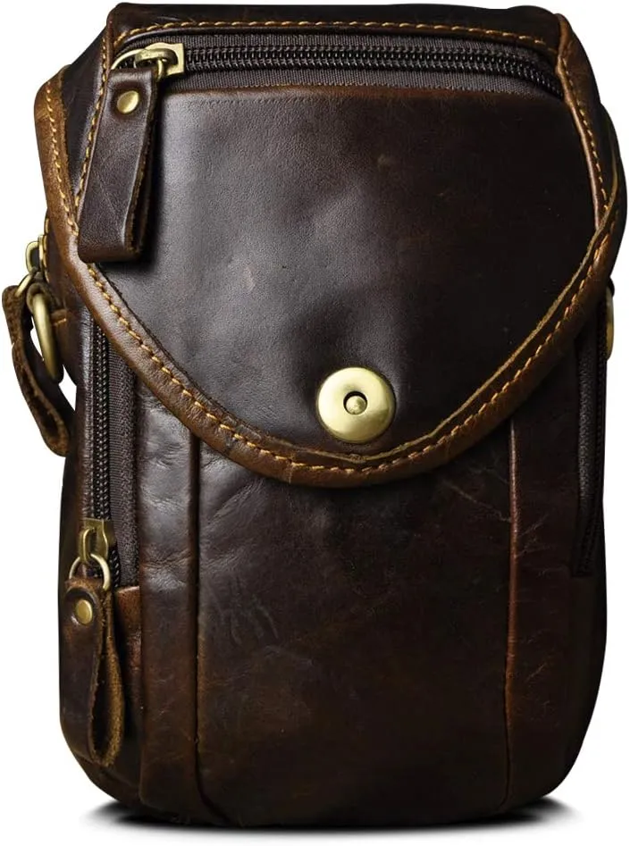 Le'aokuu Mens Original Leather Designer Casual Small Messenger Shoulder Bag Fashion Waist Belt Bag Pack Cigarette Phone Case