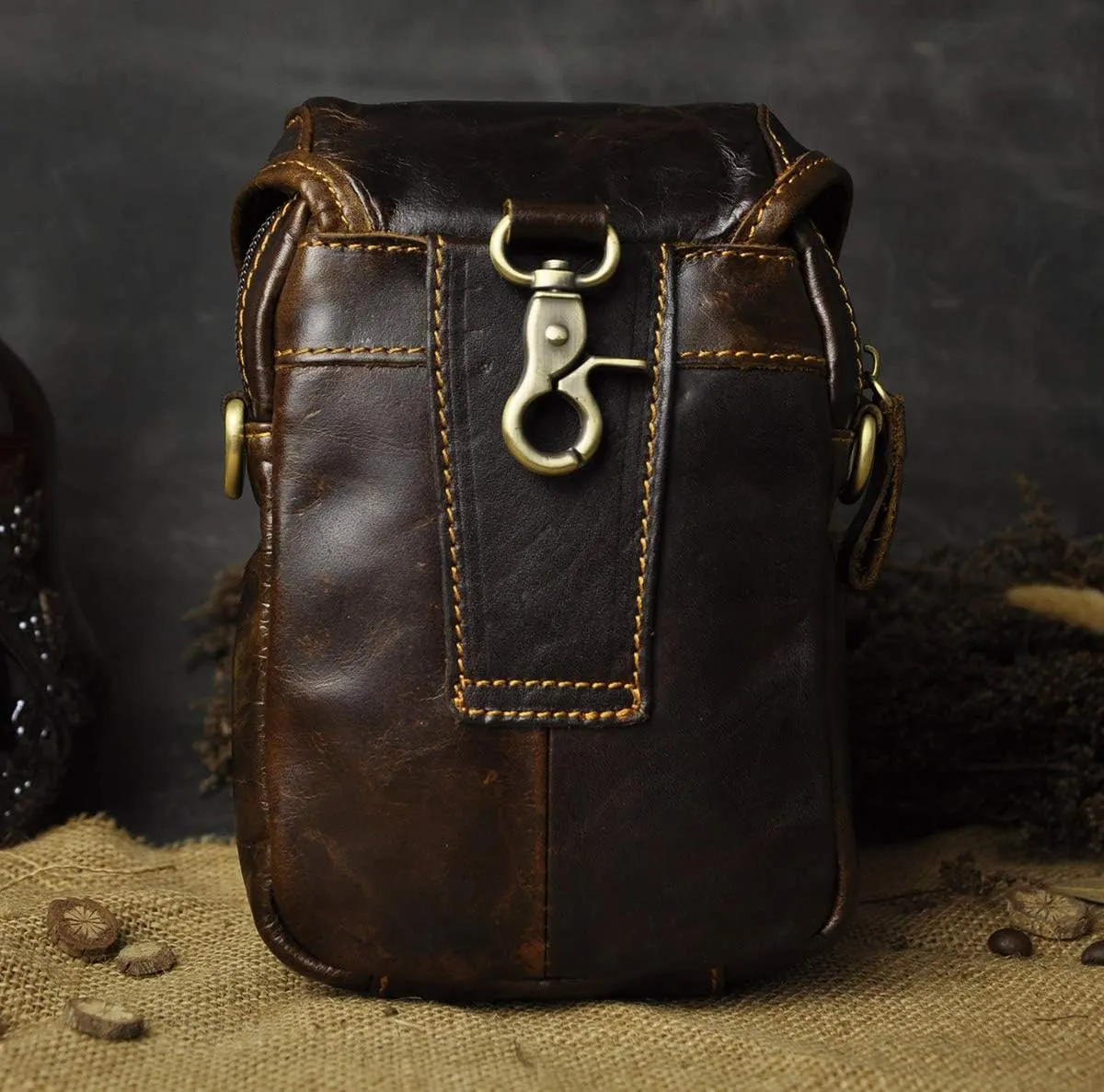 Le'aokuu Mens Original Leather Designer Casual Small Messenger Shoulder Bag Fashion Waist Belt Bag Pack Cigarette Phone Case