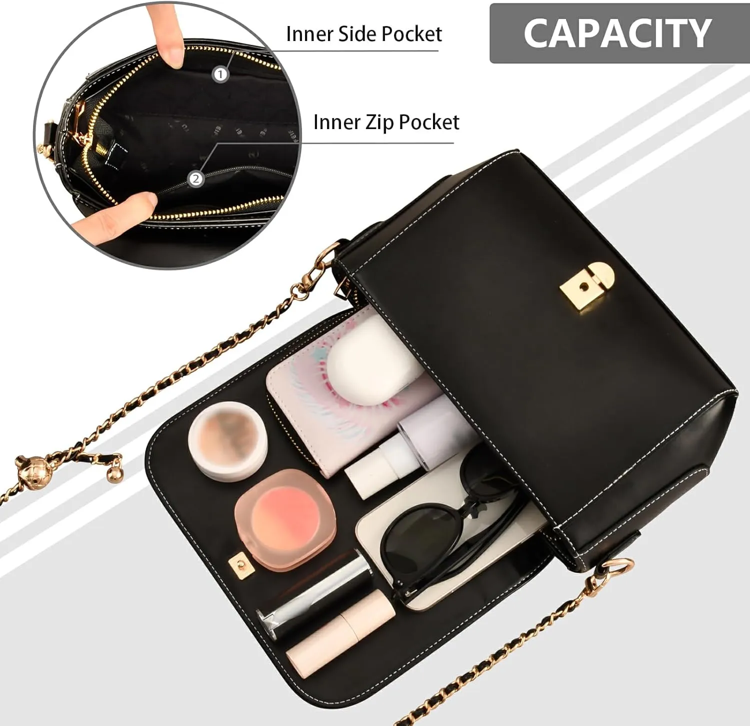 Leather Clamshell Crossbody Handbag with Detachable Adjustable Shoulder Strap Bag for Women Work Travel