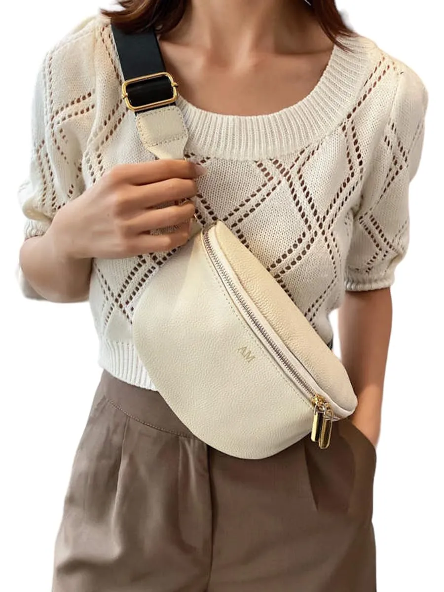 Leather Fanny Pack Crossbody Bags for Women Trendy Sling Bag for Women Small Crossbody Bags for Women Vacation Essentials Handbags Crossbody Purse Belt Bag Travel Backpack (Ivory Personalized)
