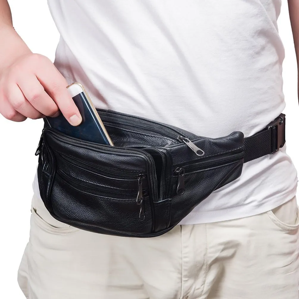 Leather Fanny Pack Travel Waist Bag 7 Pockets Waist Pack.Suitable for Outdoor Mountaineering Travel Camping Cycling Running etc FANNING511 Fanny pack (Black)