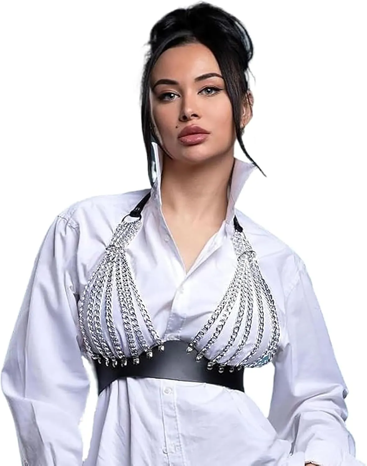 Leather Harness Chain Sexy Body Chain Bikini Body Harness Chain Black Top Chain for Women(Q)