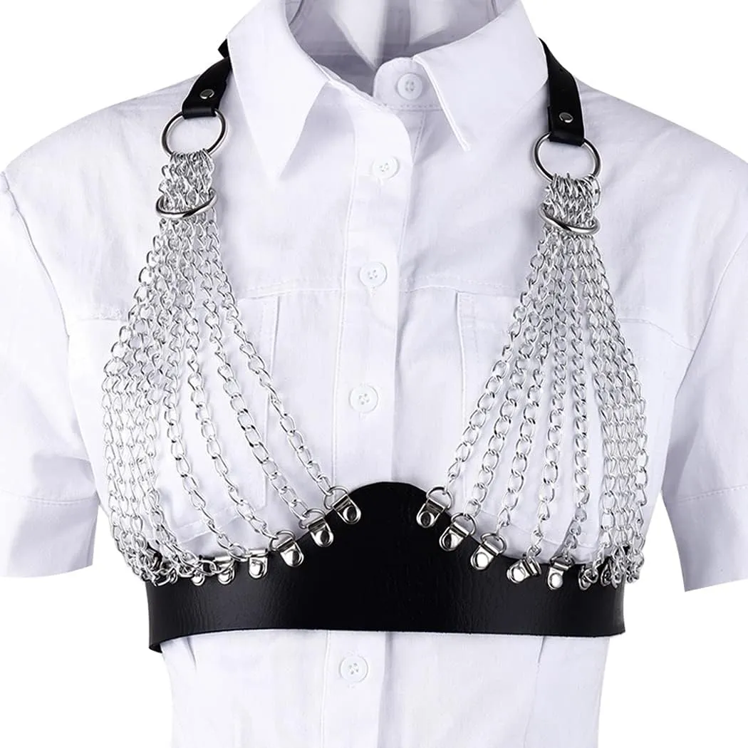 Leather Harness Chain Sexy Body Chain Bikini Body Harness Chain Black Top Chain for Women(Q)