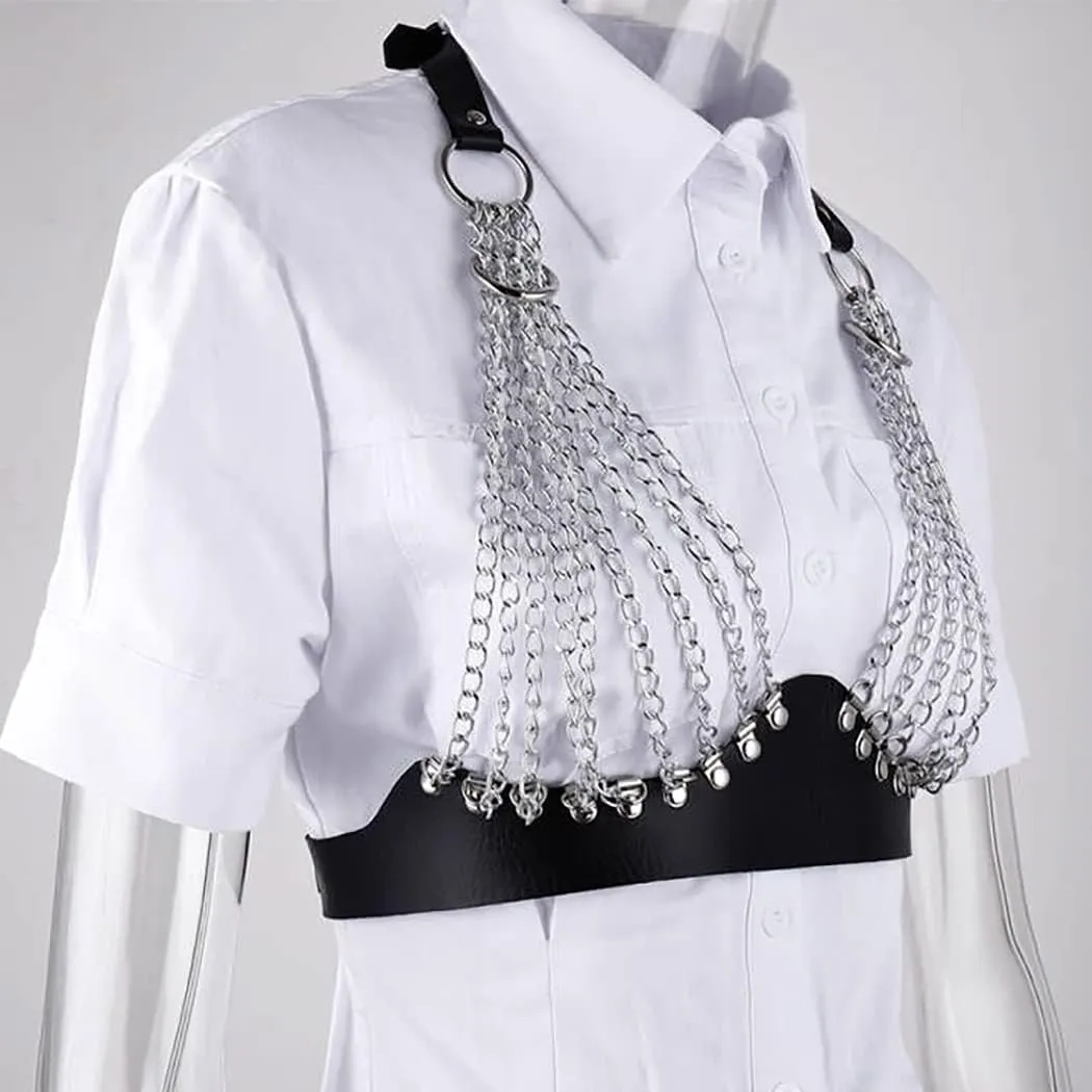 Leather Harness Chain Sexy Body Chain Bikini Body Harness Chain Black Top Chain for Women(Q)