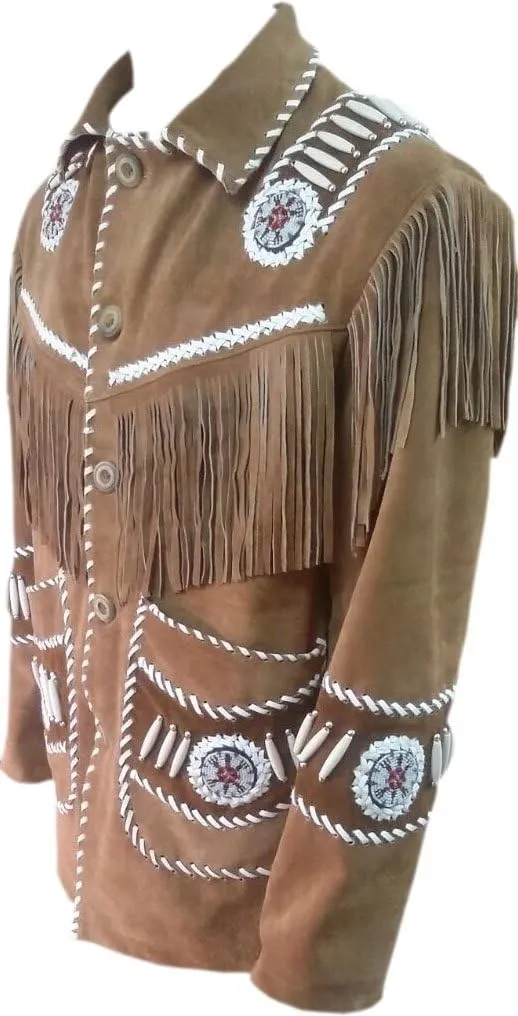 LEATHERAY Men's Fashion Western Cowboy Fringe & Bonned Jacket Suede Leather Brown