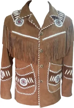 LEATHERAY Men's Fashion Western Cowboy Fringe & Bonned Jacket Suede Leather Brown