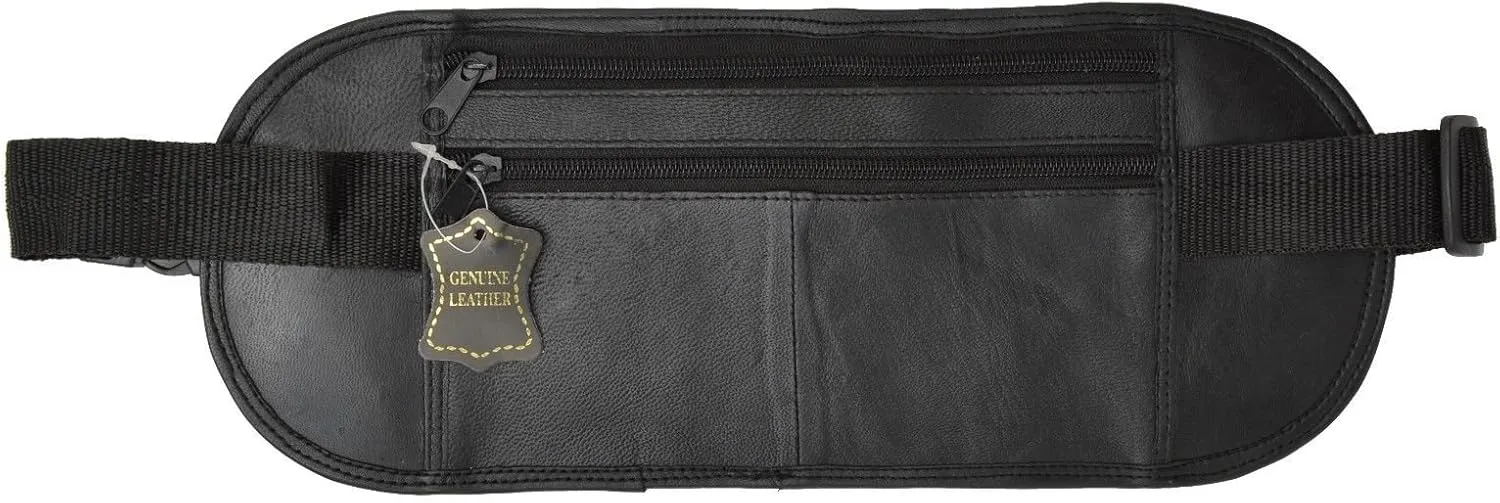 Leatherboss Genuine Leather Flat Fanny Pack Secured Travel Adjustable Multi Pocket Passpoet Holder for men women, Black
