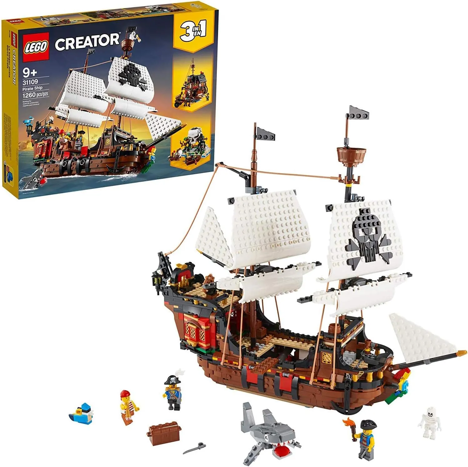 LEGO Creator 3 in 1 Pirate Ship Building Set, Kids can Rebuild The Pirate Ship into an Inn or Skull Island, Features 4 Minifigures and Shark Toy, Makes a Great Gift for Kids Ages 9  Years Old, 31109