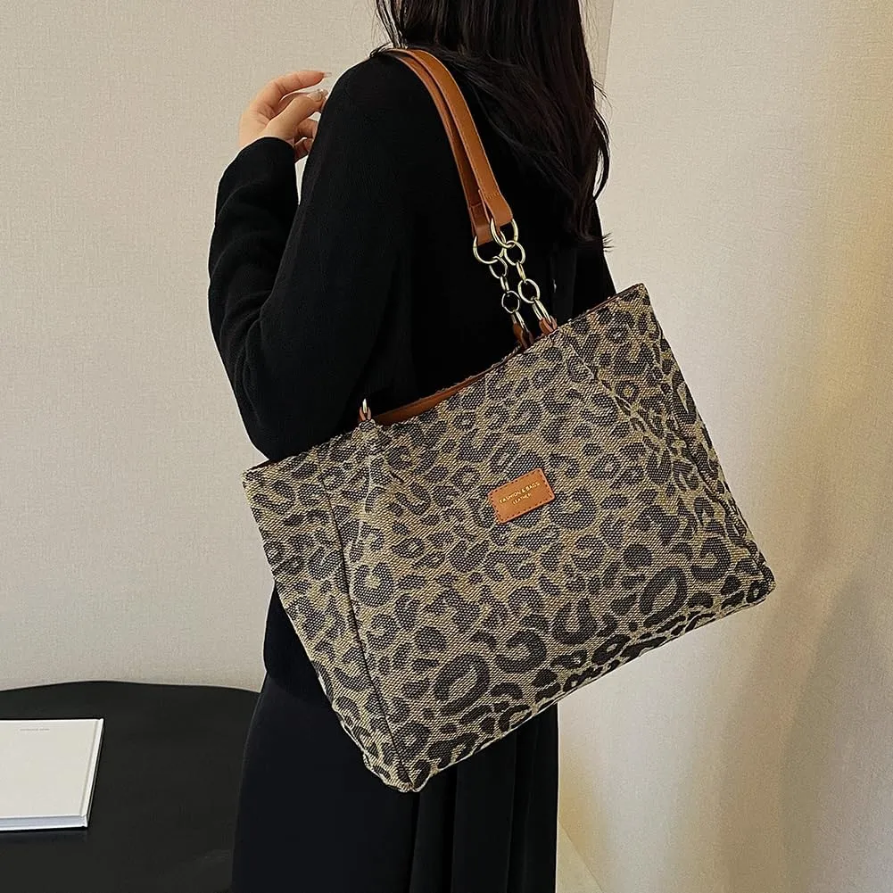 Leopard Tote Bag for Women,Leopard Purse Leopard print Canvas Bag Cheetah Hobo Shoulder Large Capacity Work Tote Bag