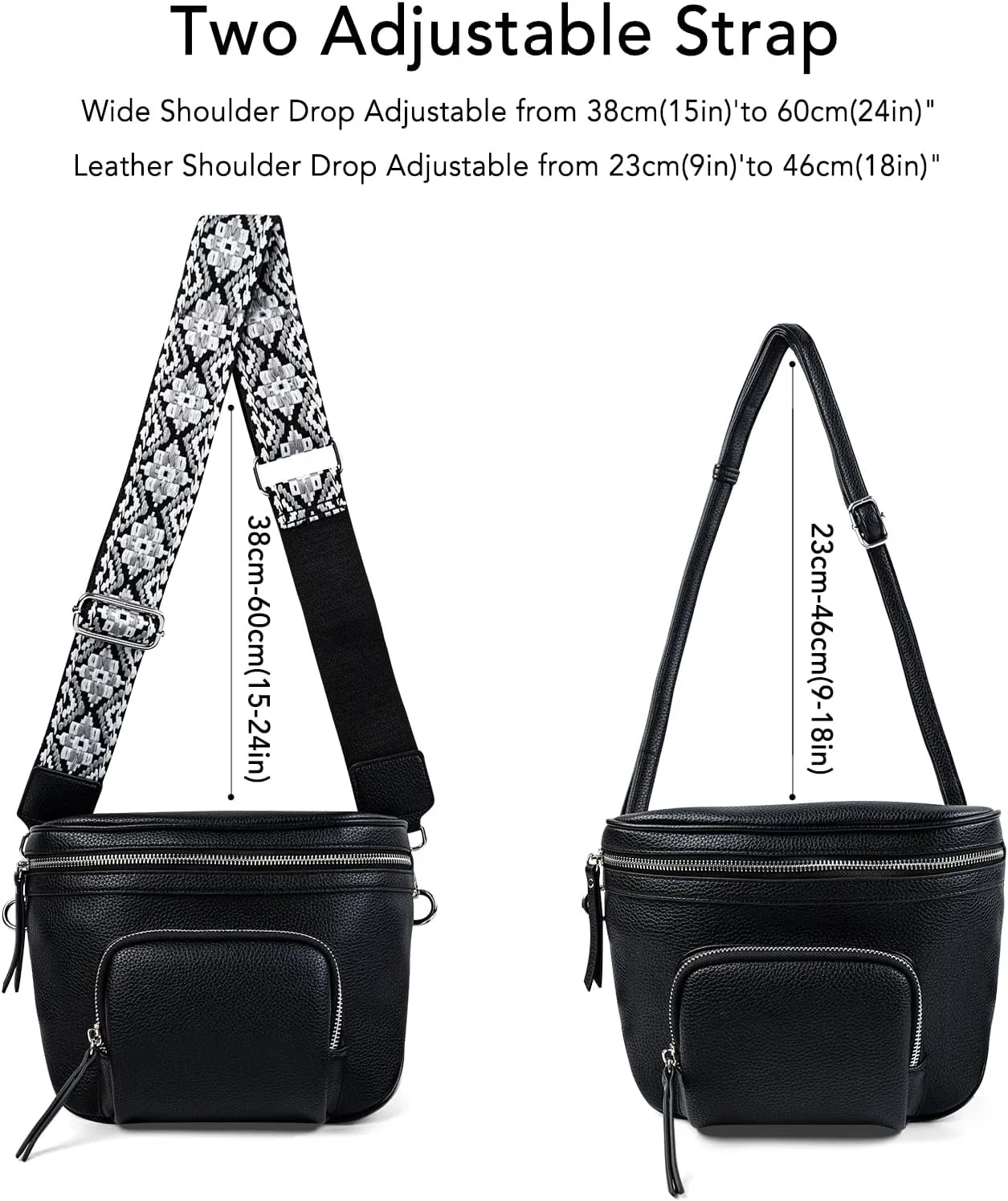 letech  Crossbody Bags for Women Vegan Leather Purses Small Fanny Pack Handbags with Wide Strap,Waist Bag Travel Belt Bags for Women Men (Black)