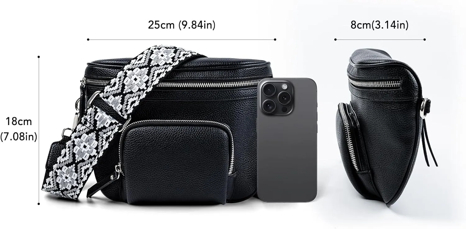 letech  Crossbody Bags for Women Vegan Leather Purses Small Fanny Pack Handbags with Wide Strap,Waist Bag Travel Belt Bags for Women Men (Black)
