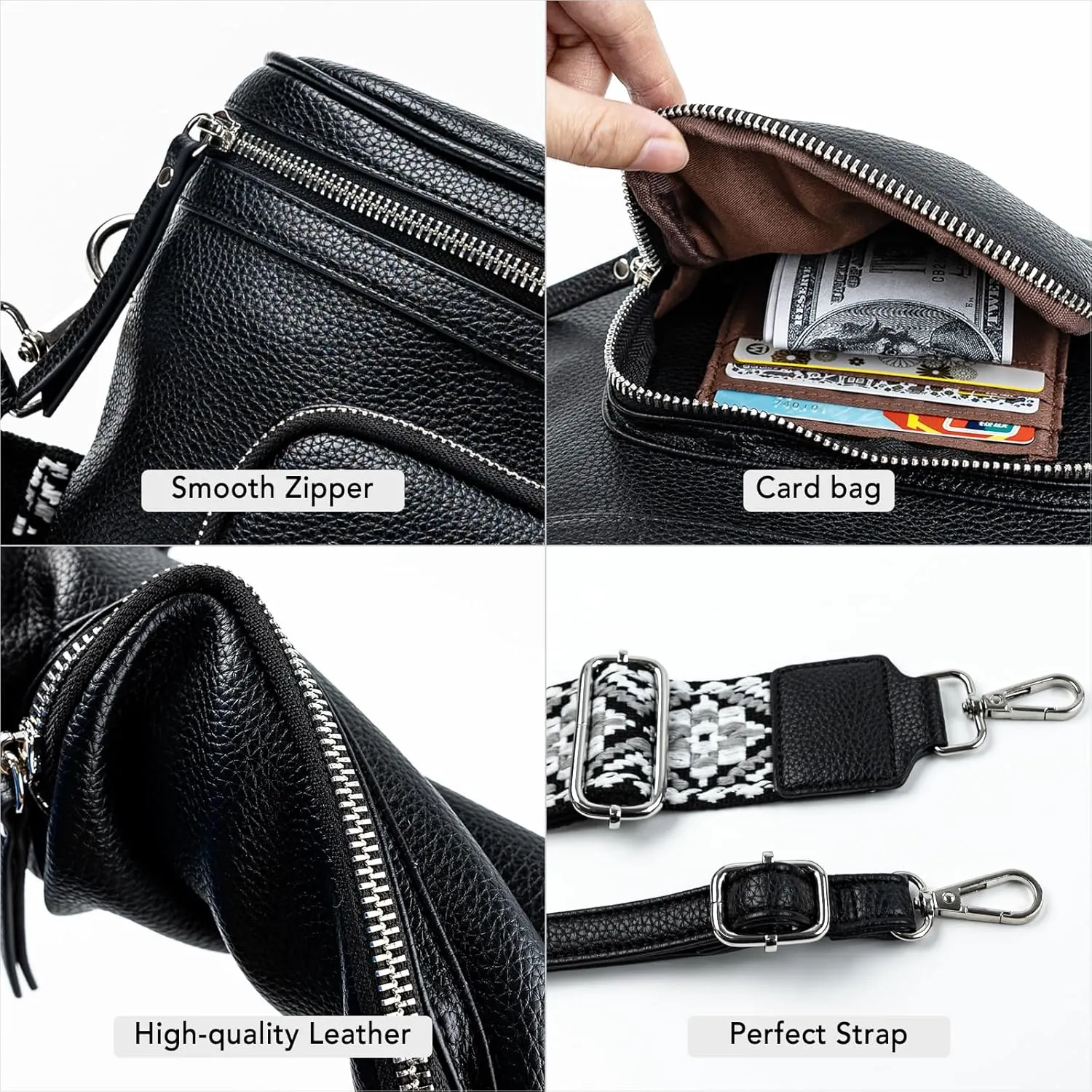 letech  Crossbody Bags for Women Vegan Leather Purses Small Fanny Pack Handbags with Wide Strap,Waist Bag Travel Belt Bags for Women Men (Black)