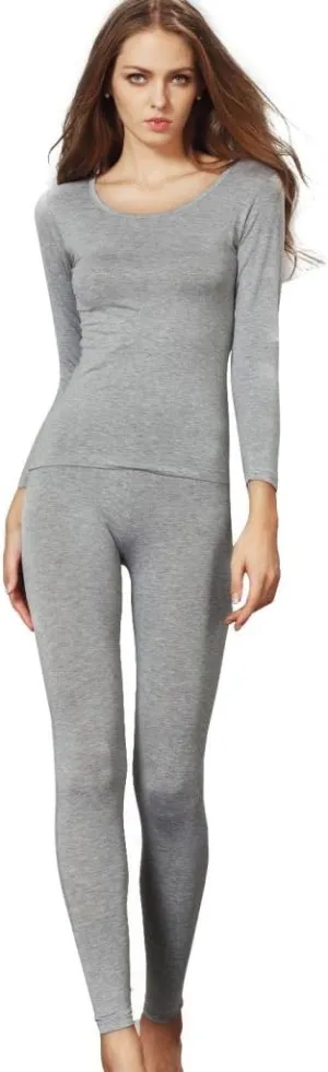 Liang Rou Women's Scoop Neck Long Johns Ultra Thin Modal Thermal Underwear Top & Bottom Set