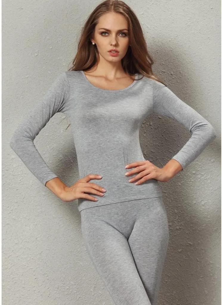 Liang Rou Women's Scoop Neck Long Johns Ultra Thin Modal Thermal Underwear Top & Bottom Set