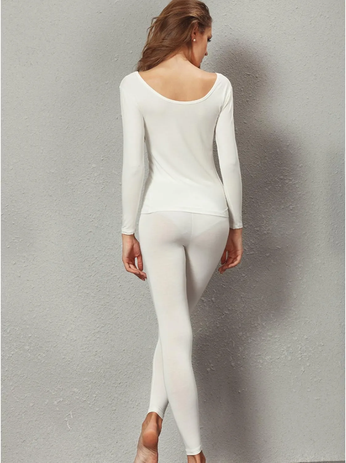 Liang Rou Women's Scoop Neck Long Johns Ultra Thin Modal Thermal Underwear Top & Bottom Set