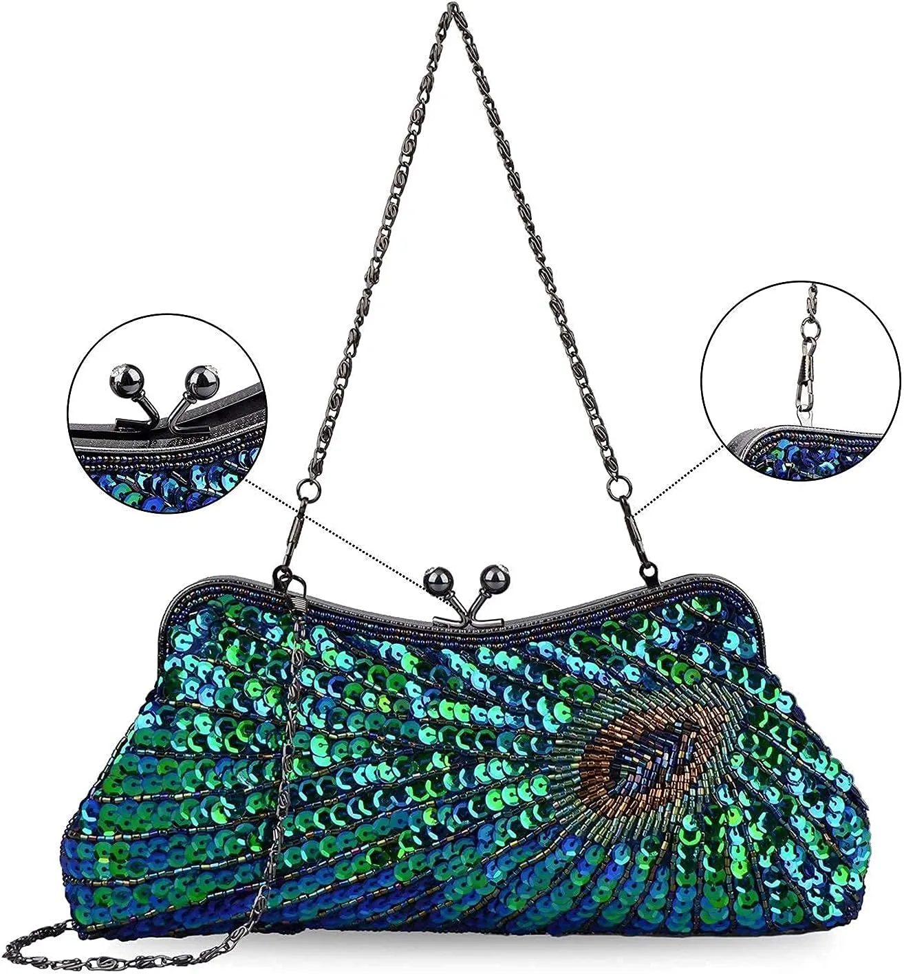 LIFEWISH Women's Unique Luxury Sequins Beaded Evening Bag Wedding Bridal Party Prom Clutch Purse tote Handbag（Peacock blue）