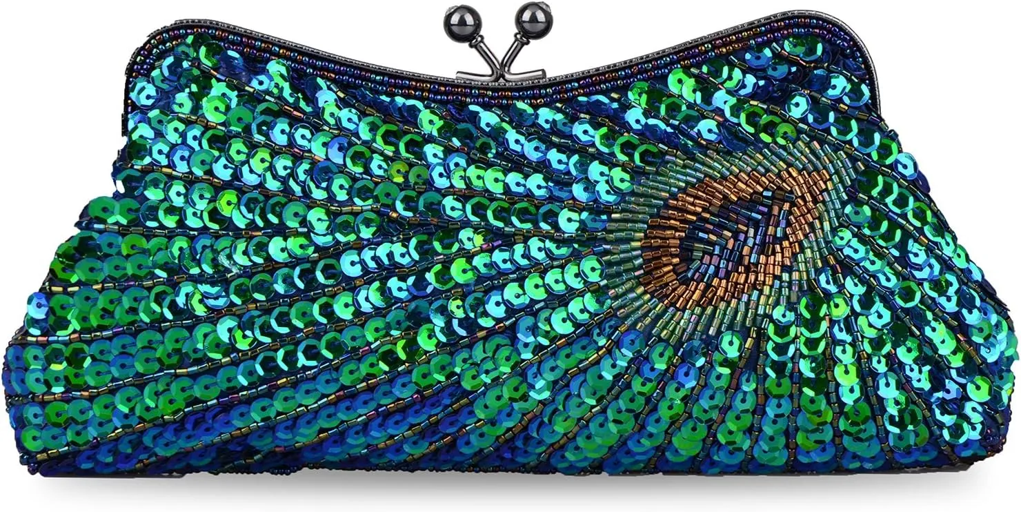 LIFEWISH Women's Unique Luxury Sequins Beaded Evening Bag Wedding Bridal Party Prom Clutch Purse tote Handbag（Peacock blue）