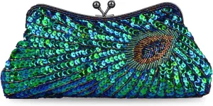 LIFEWISH Women's Unique Luxury Sequins Beaded Evening Bag Wedding Bridal Party Prom Clutch Purse tote Handbag（Peacock blue）
