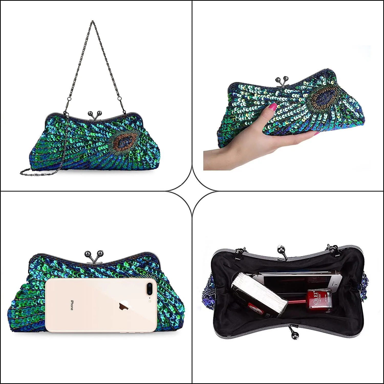 LIFEWISH Women's Unique Luxury Sequins Beaded Evening Bag Wedding Bridal Party Prom Clutch Purse tote Handbag（Peacock blue）