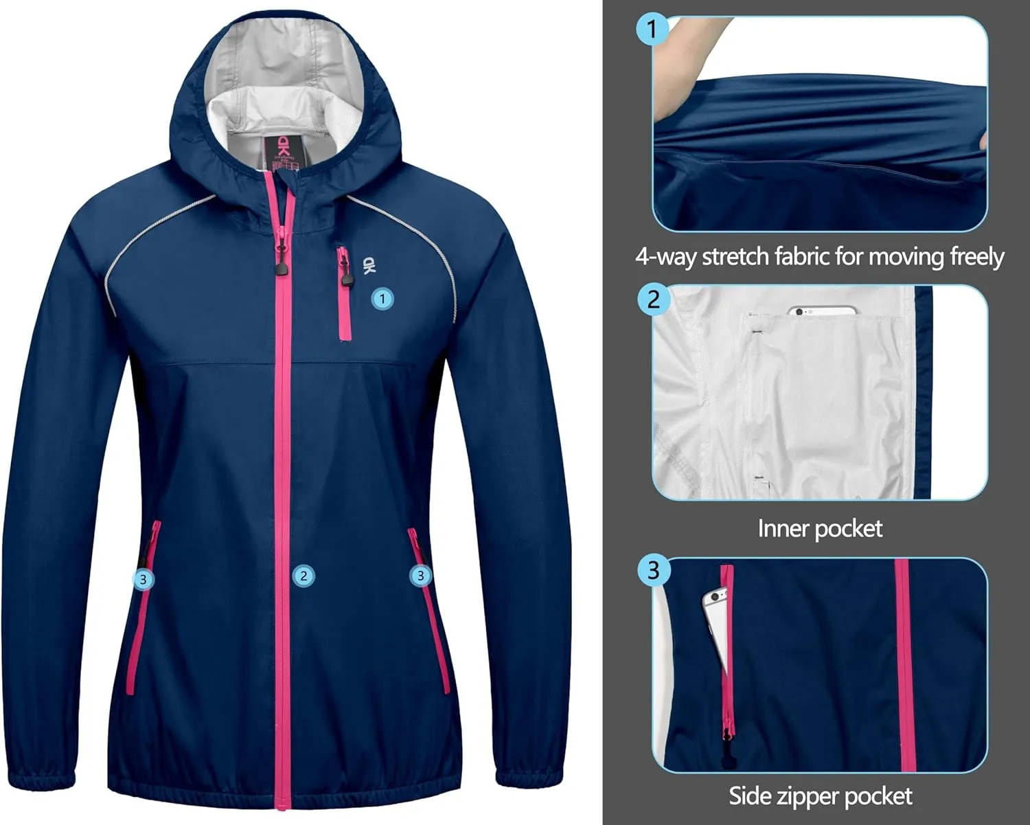 Little Donkey Andy Women's Lightweight Rain Cycling Stretch Jacket with Hood, Windproof and Waterproof, Ultralight Packable