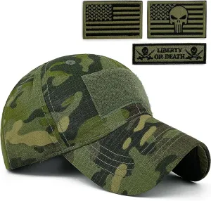 Loneshark Tactical Military Mens Camo Baseball Hat with American Flag Skull Patch Patriotic Operator Camouflage Cap for Women