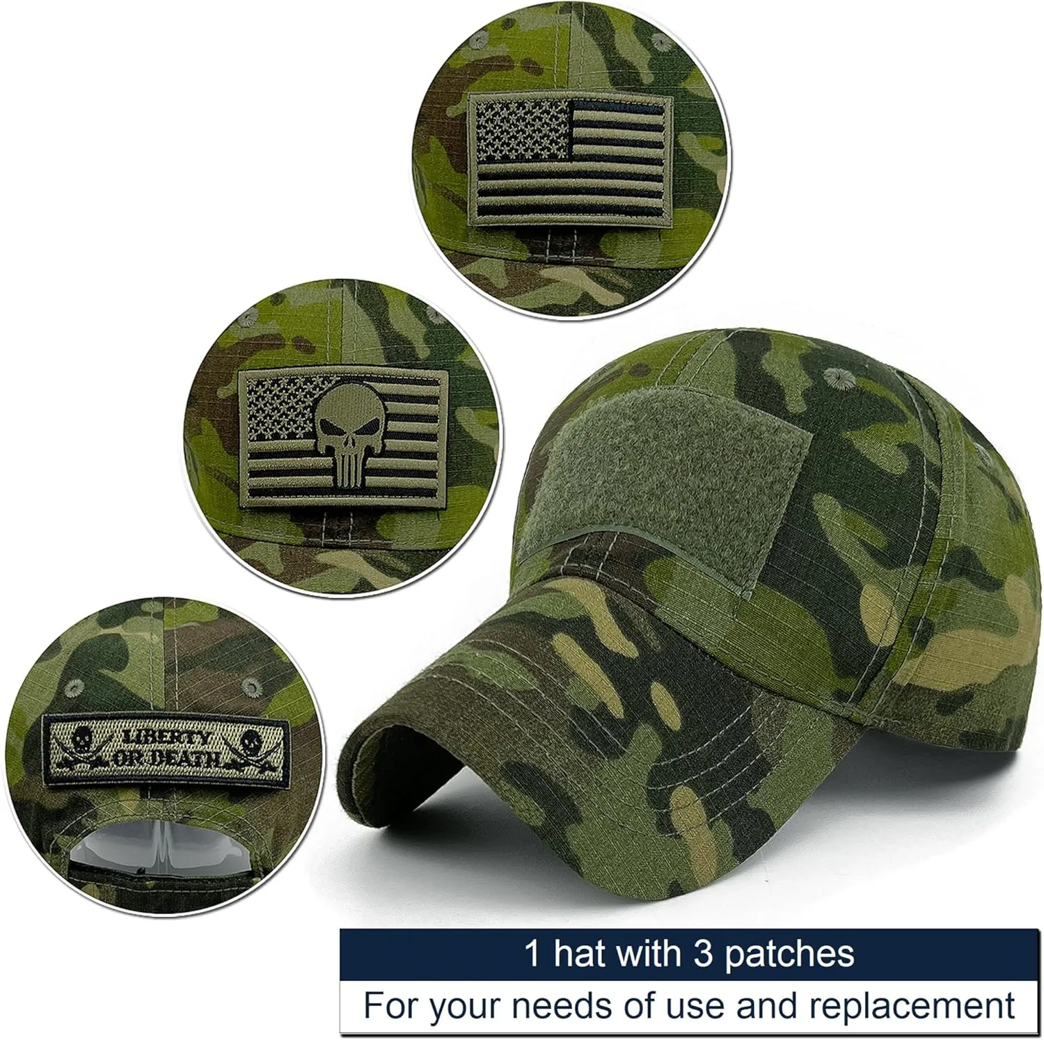 Loneshark Tactical Military Mens Camo Baseball Hat with American Flag Skull Patch Patriotic Operator Camouflage Cap for Women