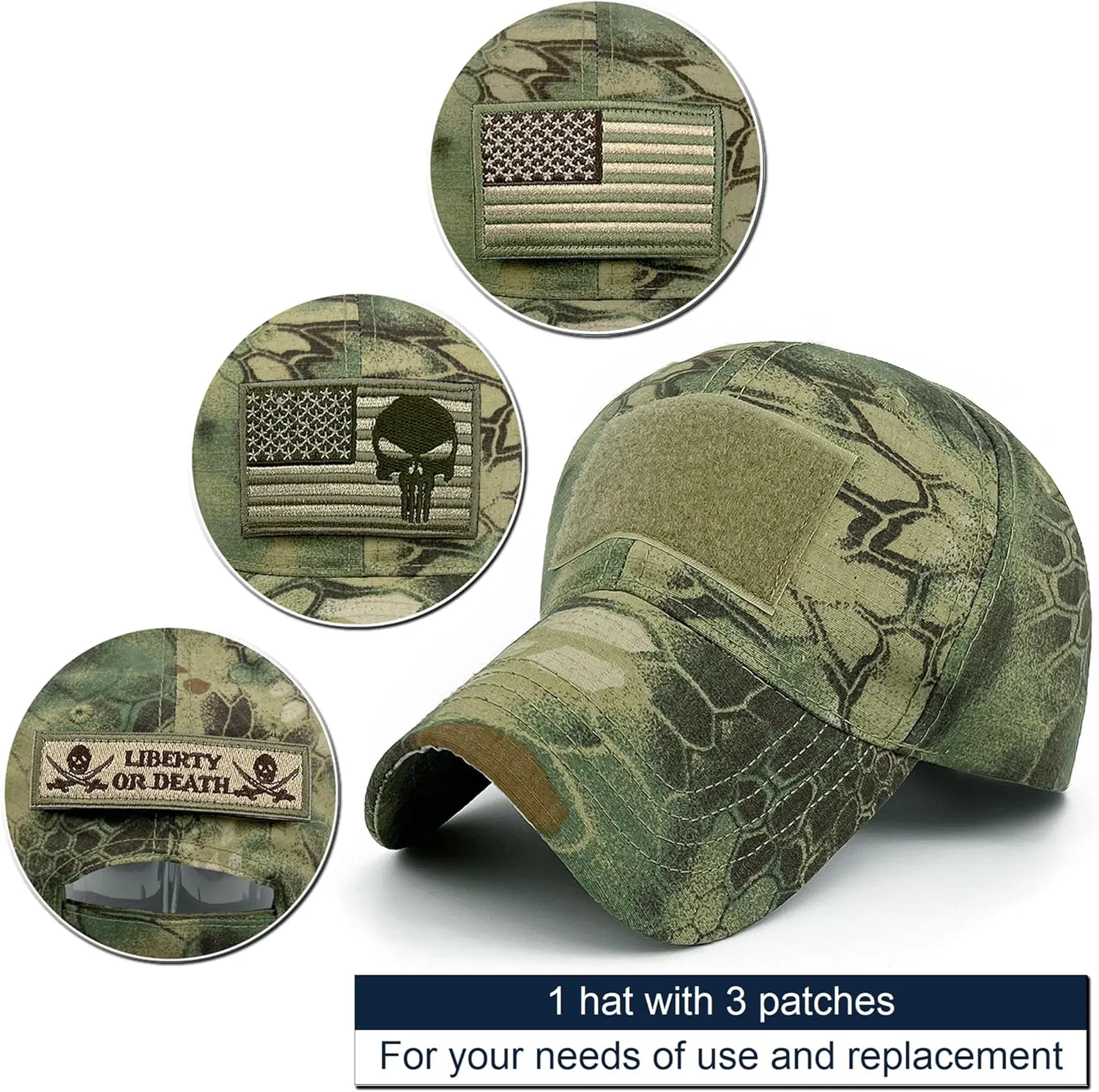 Loneshark Tactical Military Mens Camo Baseball Hat with American Flag Skull Patch Patriotic Operator Camouflage Cap for Women