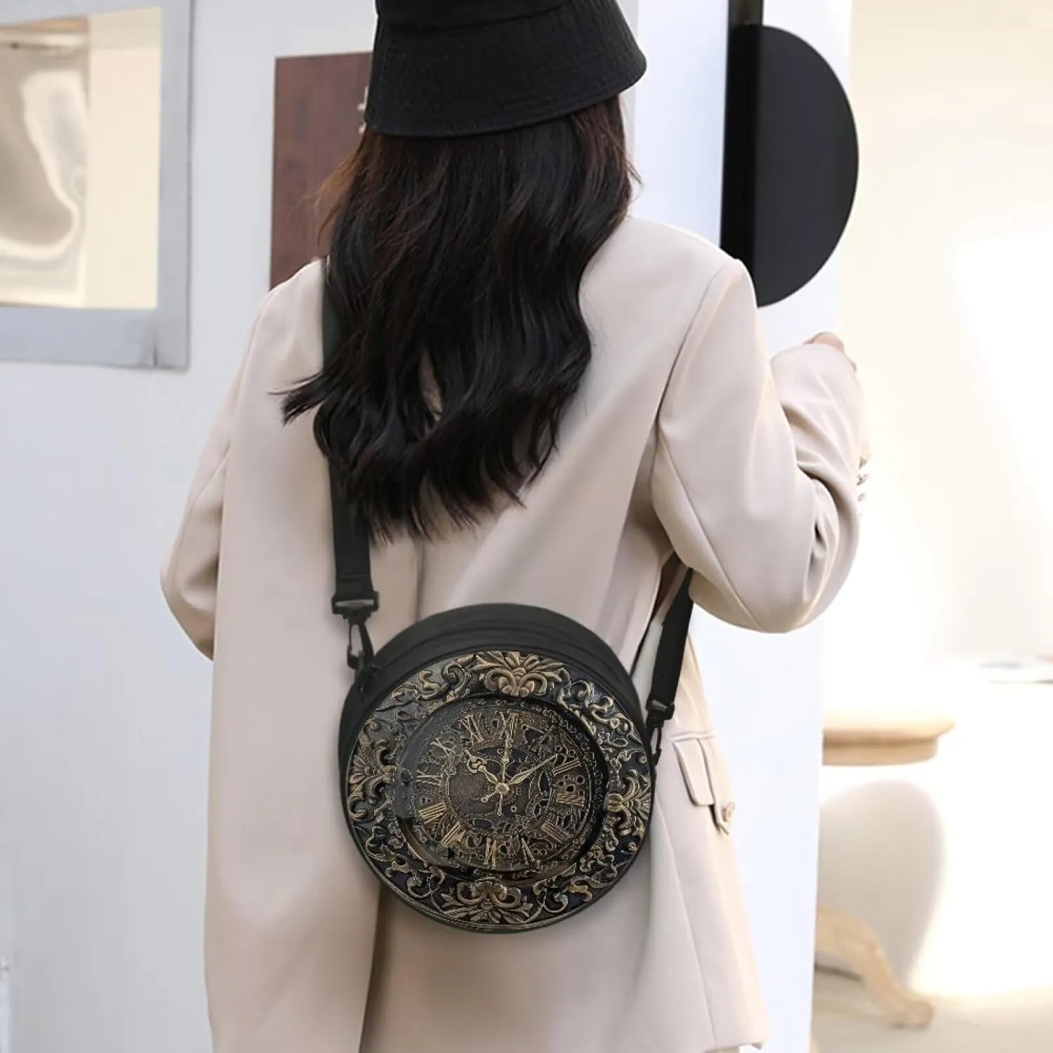 Lotusorchid Clock Print Small Crossbody Bag Round Purse Circle Shoulder Purse for Party Work (Not Real Clock)