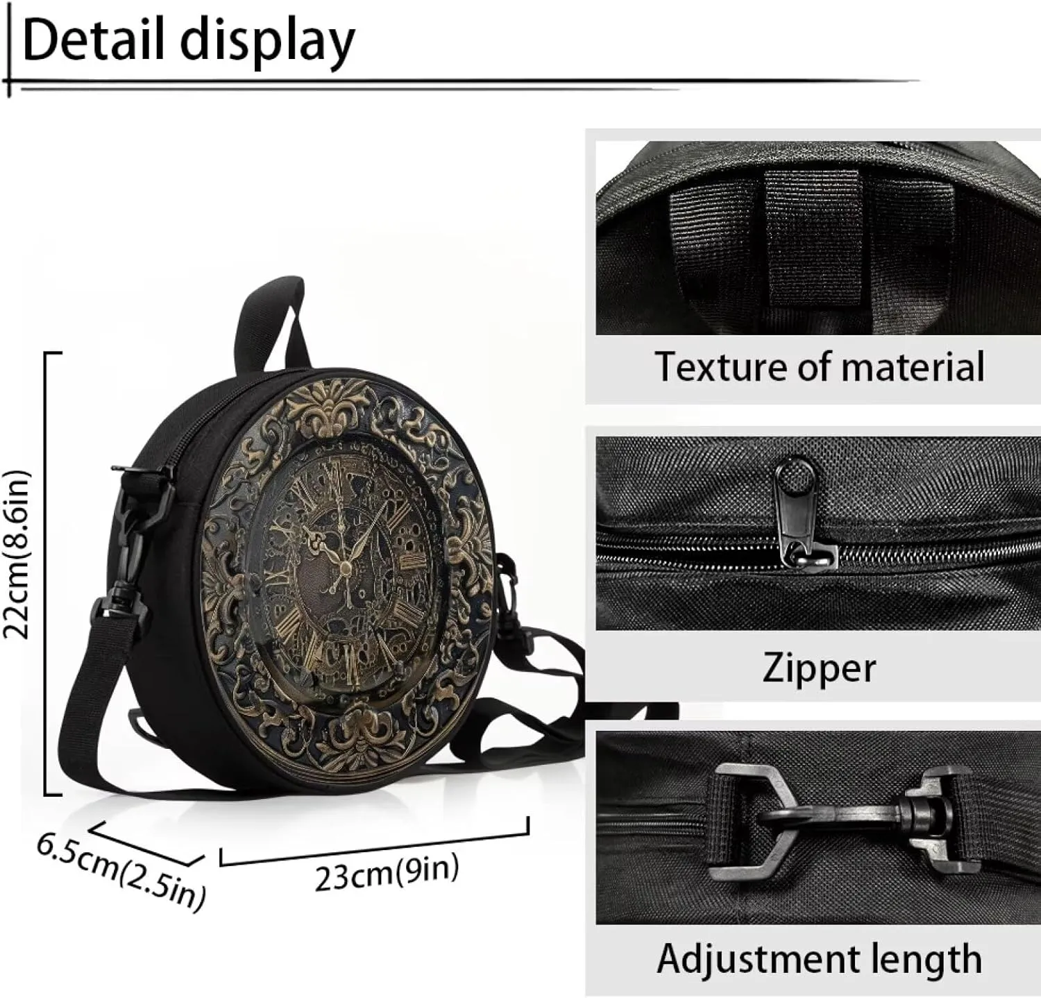 Lotusorchid Clock Print Small Crossbody Bag Round Purse Circle Shoulder Purse for Party Work (Not Real Clock)