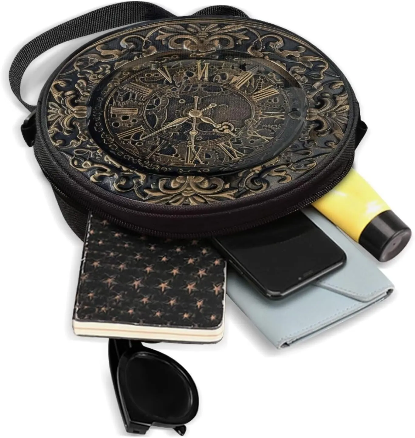 Lotusorchid Clock Print Small Crossbody Bag Round Purse Circle Shoulder Purse for Party Work (Not Real Clock)