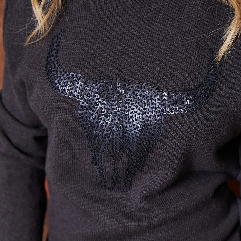 Luxe Embellished Skull Crew Knit Gravel